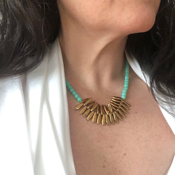 NEW Turquoise Gold Beaded Statement Necklace Flauxy Artist Made Layering Piece - Picture 9 of 12